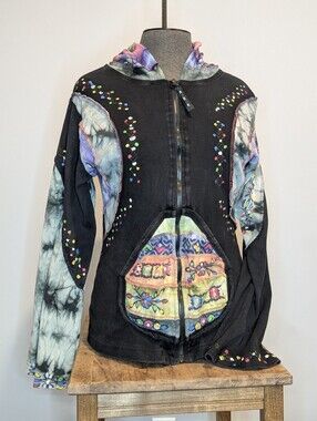 Artisan Boho Patchwork Zip-Up Hoodie Earthy Tie-Dye & Embroidery